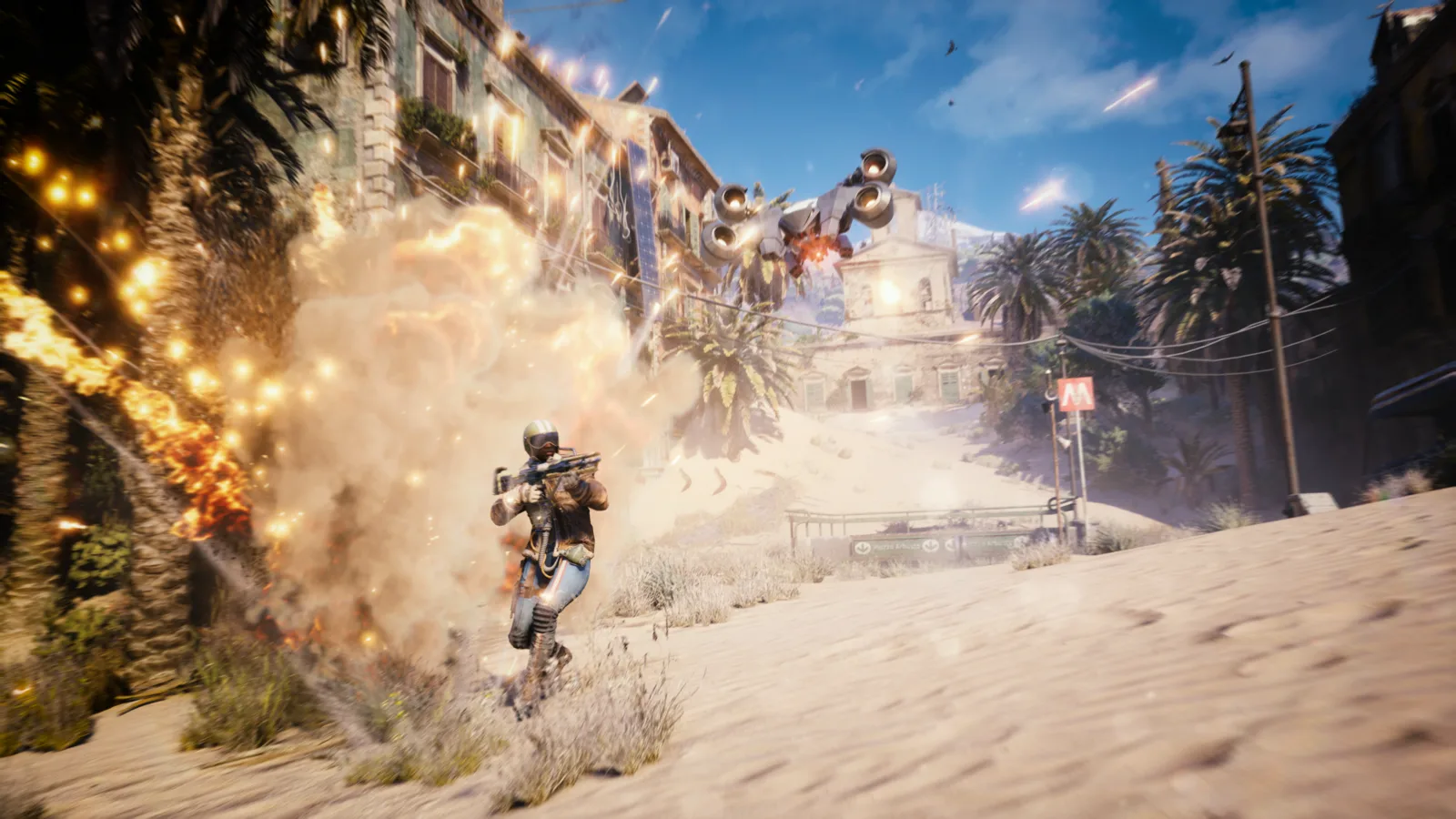 ARC Raiders gameplay: a raider runs from an explosion of fire, sparks and debris as a flying ARC machine attacks