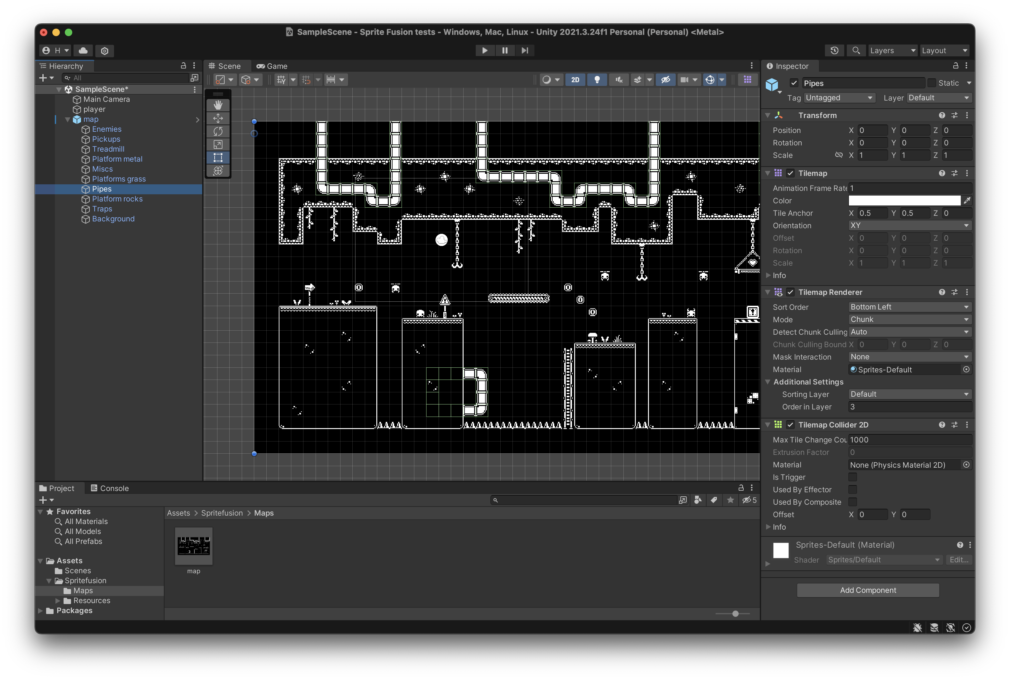 The map made with the 1Bit Platformer Tileset exported as a Unity package, imported in the Unity game engine