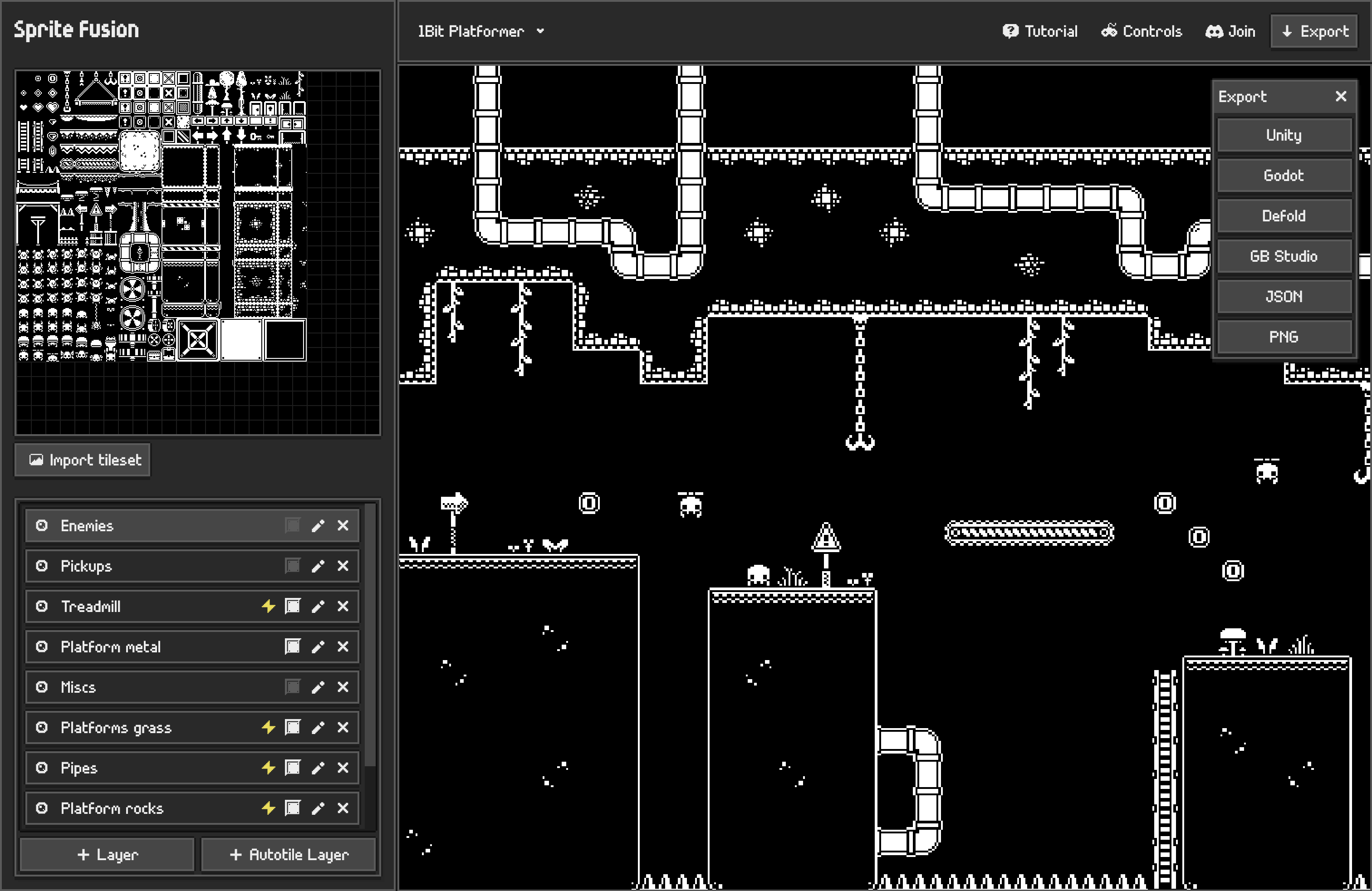 A map made with the 1Bit Platformer Tileset as an example