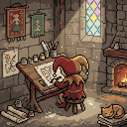 A pixel art of a cute jester working hard drawing