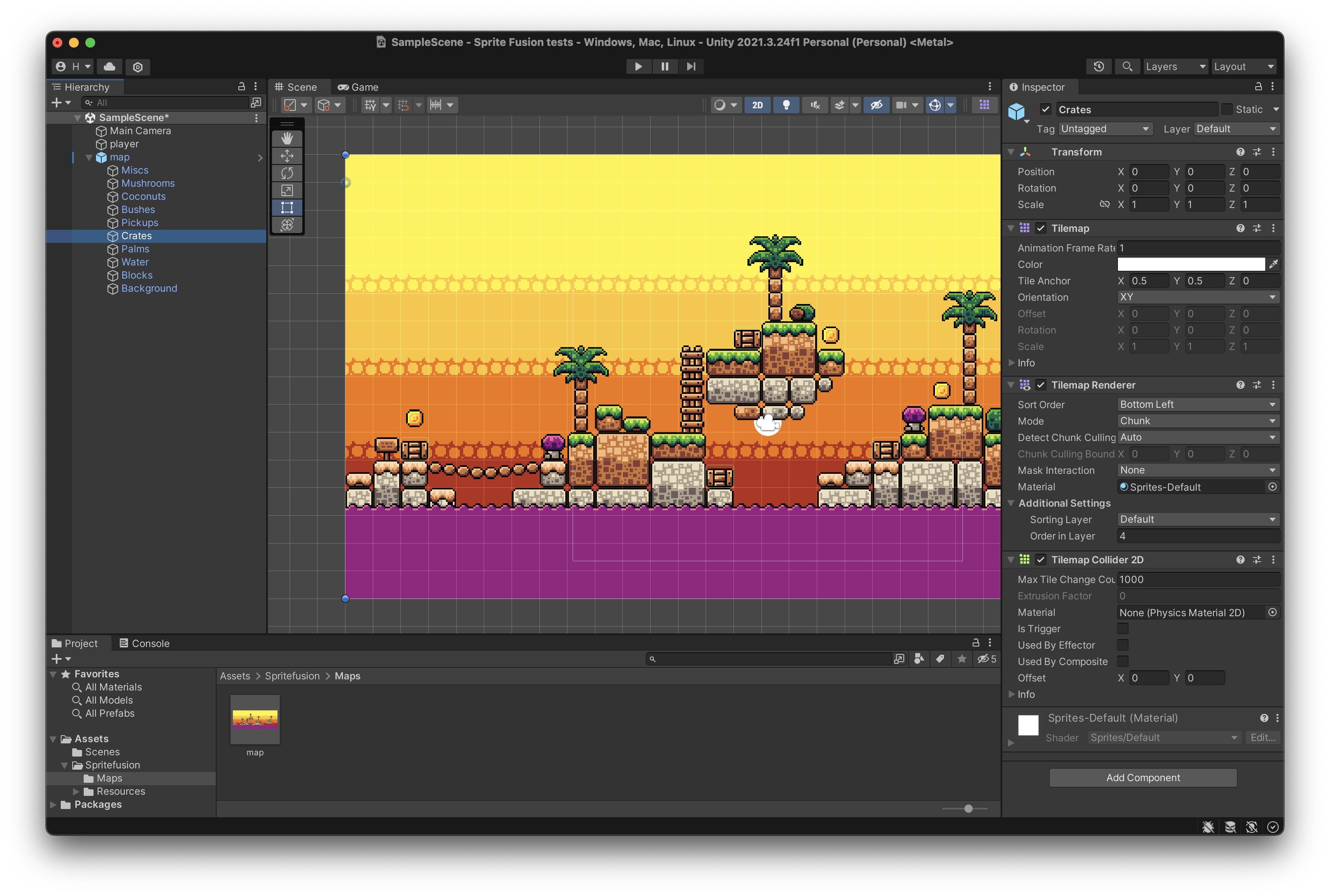 The map made with the Four Seasons Platformer Tileset exported as a Unity package, imported in the Unity game engine