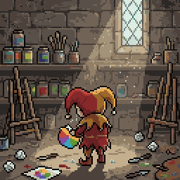 A pixel art of a cute jester learning pixel art theory