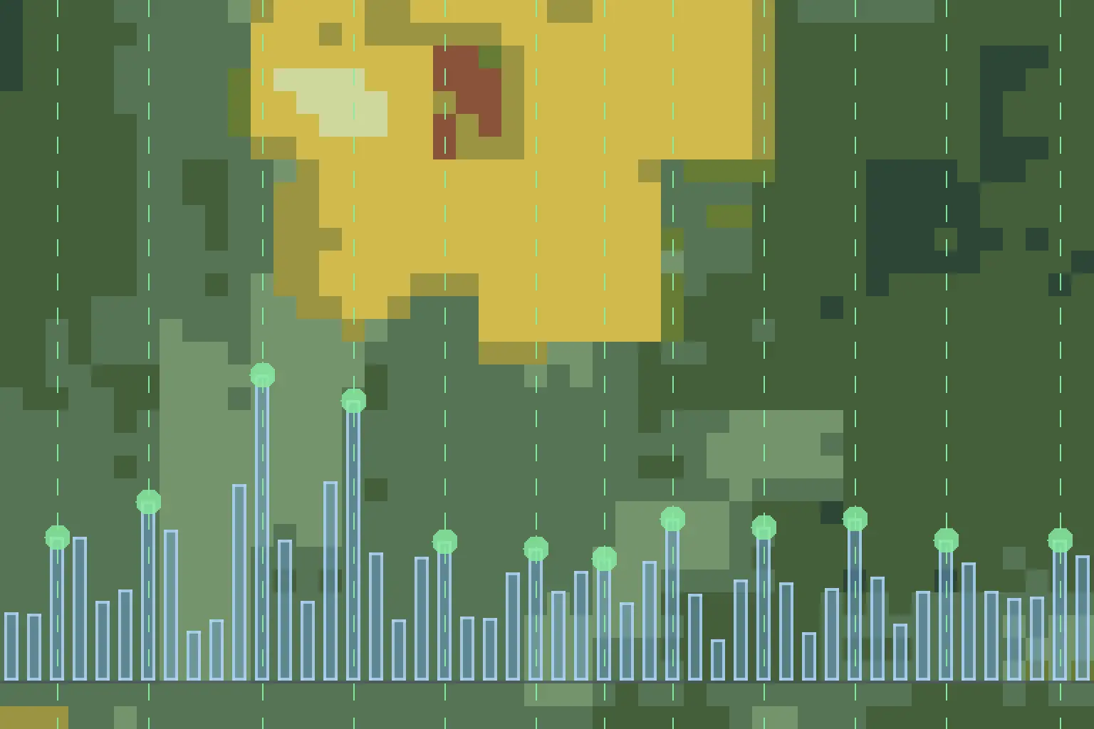 Brightness-change profile over quantized pixel art with detected peaks