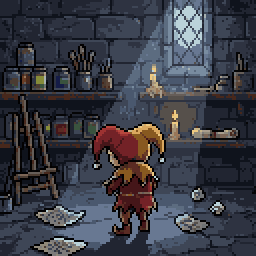 A pixel art of a cute jester sad of being unable to draw good art